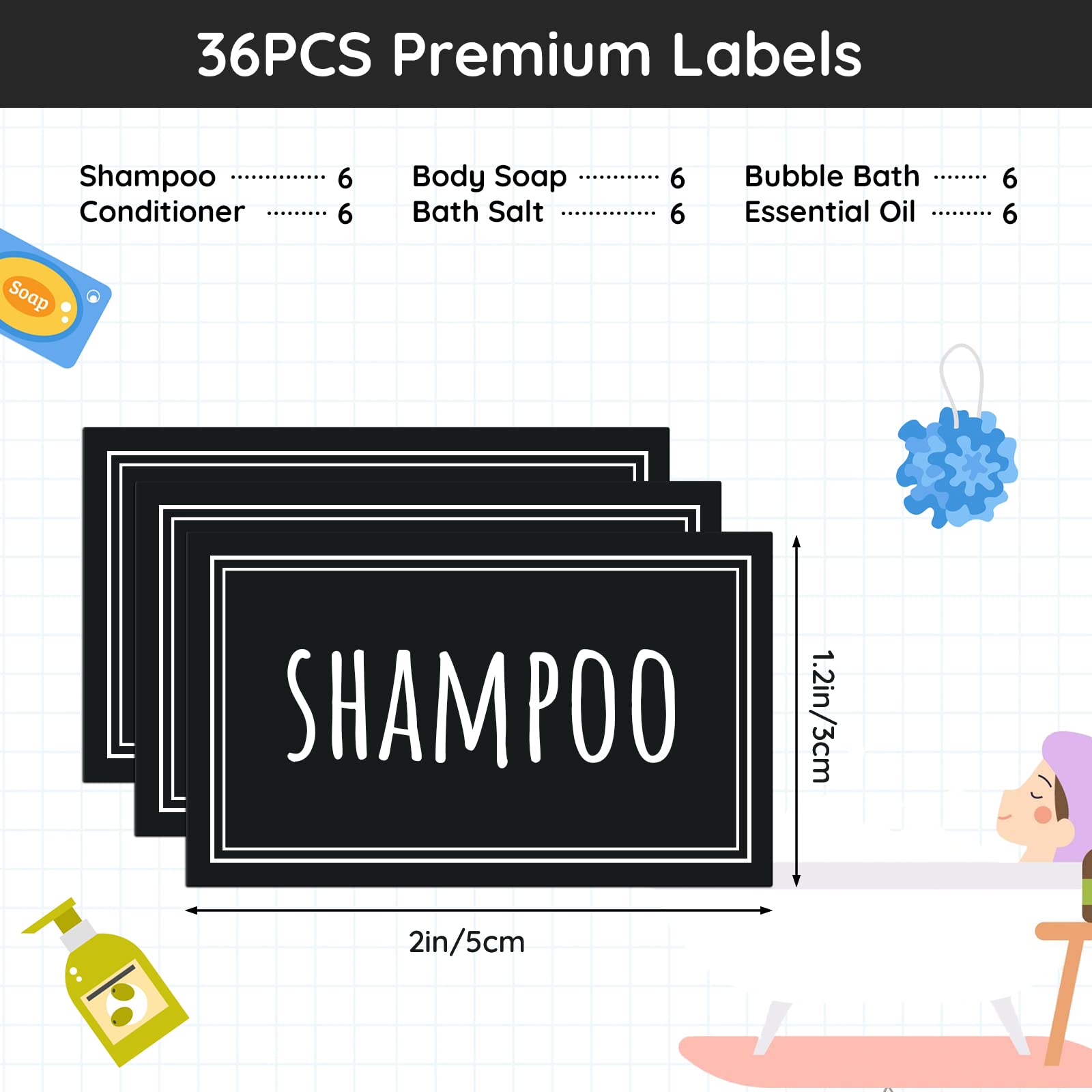 Segbeauty 36Pcs Black Waterproof Labels, Self-Adhesive Bathroom Labels For Organizing, Removable Printed Shampoo Conditioner Bod